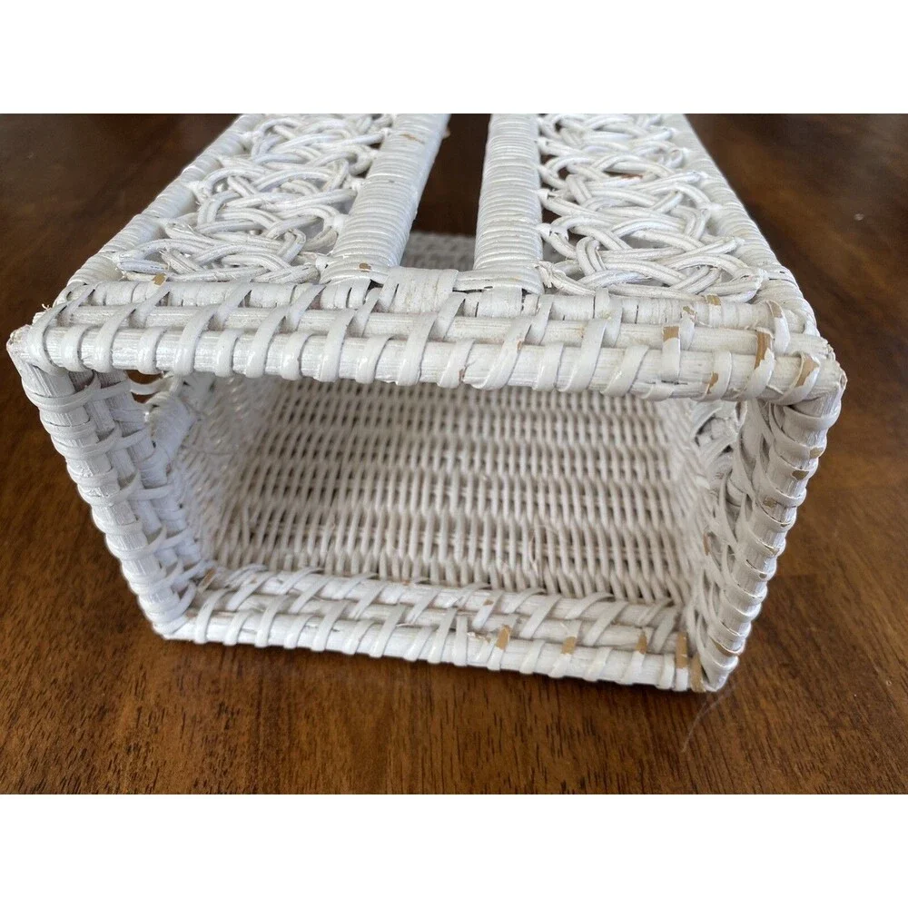 VINTAGE White Wicker Rectangular Tissue Box Holder Cover BOHO Shabby Chic Rustic